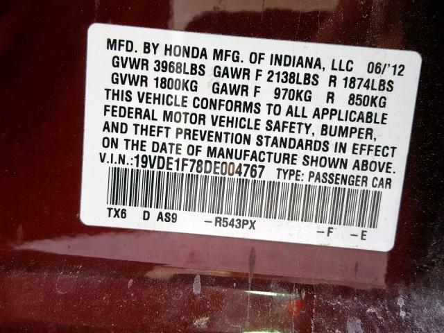 19VDE1F78DE004767 - 2013 ACURA ILX 20 TEC MAROON photo 10