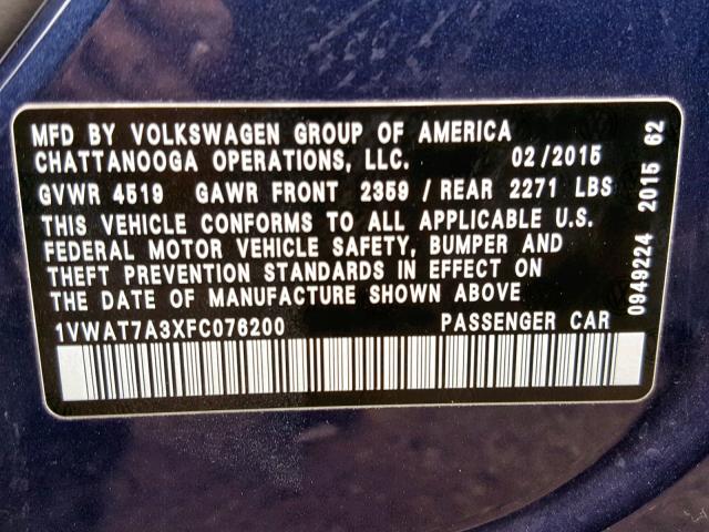 1VWAT7A3XFC076200 - 2015 VOLKSWAGEN PASSAT S BLUE photo 10