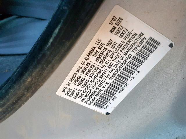 5FNRL38287B041607 - 2007 HONDA ODYSSEY LX SILVER photo 10