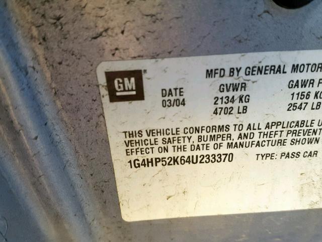 1G4HP52K64U233370 - 2004 BUICK LESABRE CU SILVER photo 10