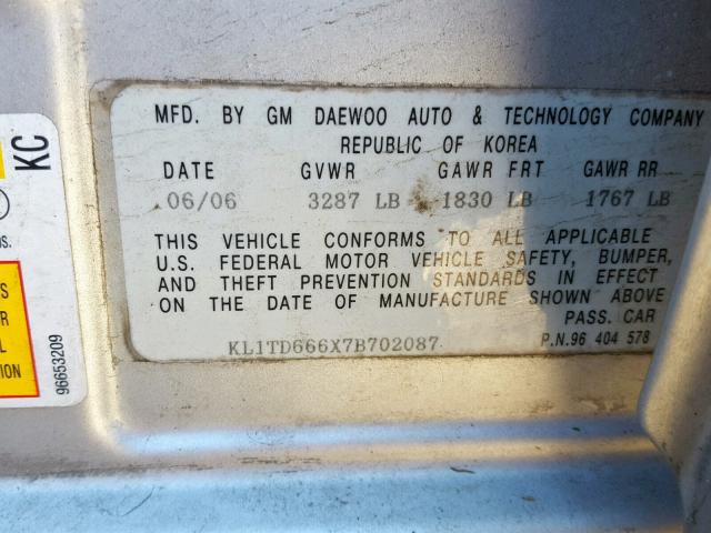 KL1TD666X7B702087 - 2007 CHEVROLET AVEO BASE ვერცხლისფერი ფოტო 10