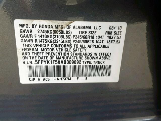 5FPYK1F5XAB009692 - 2010 HONDA RIDGELINE GRAY photo 10