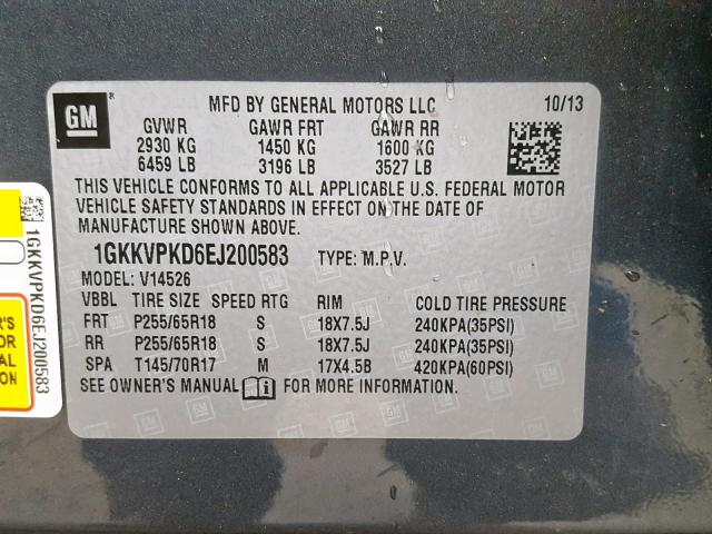 1GKKVPKD6EJ200583 - 2014 GMC ACADIA SLE CHARCOAL photo 10