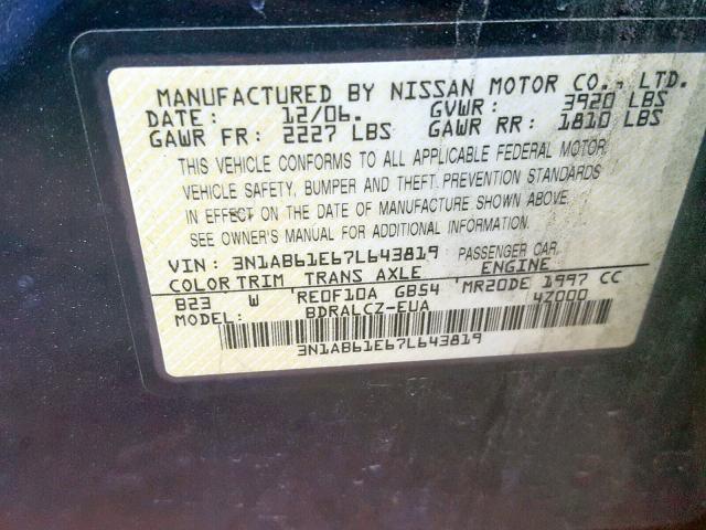 3N1AB61E67L643819 - 2007 NISSAN SENTRA 2.0 BLUE photo 10