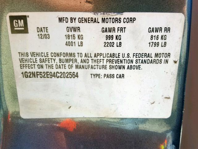 1G2NF52E94C202564 - 2004 PONTIAC GRAND AM S GRAY photo 10