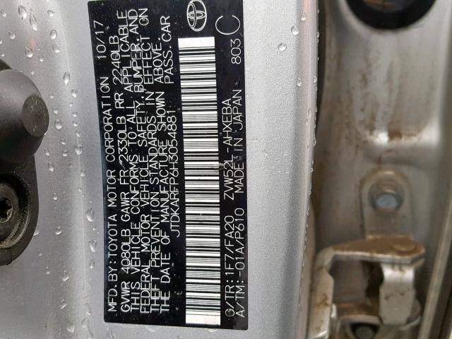 JTDKARFP6H3054881 - 2017 TOYOTA PRIUS PRIM SILVER photo 10