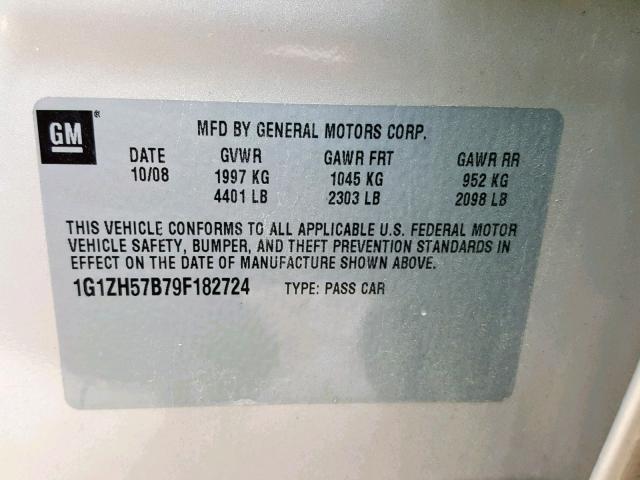 1G1ZH57B79F182724 - 2009 CHEVROLET MALIBU 1LT 金色 照片 10