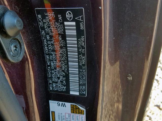 JTKDE167290281737 - 2009 TOYOTA SCION TC ბურგუნდია ფოტო 10