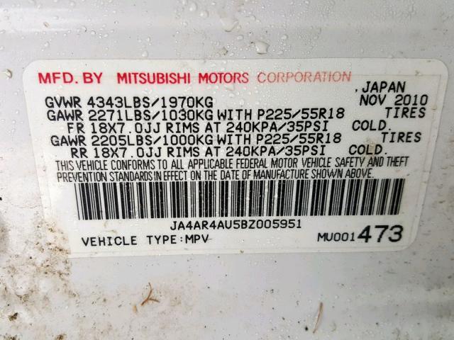 JA4AR4AU5BZ005951 - 2011 MITSUBISHI OUTLANDER WHITE photo 10