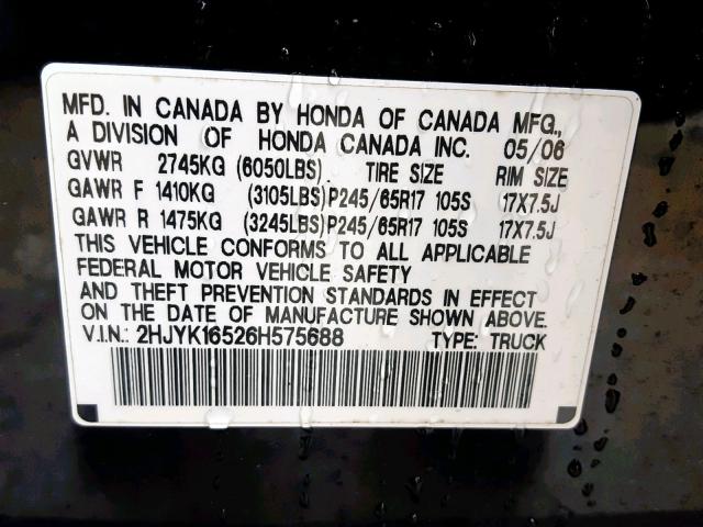 2HJYK16526H575688 - 2006 HONDA RIDGELINE BLACK photo 10