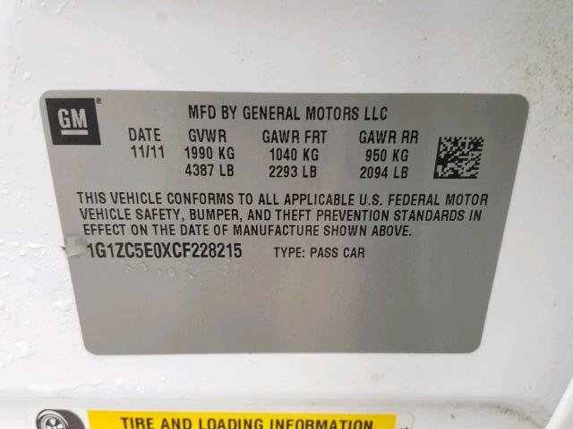 1G1ZC5E0XCF228215 - 2012 CHEVROLET MALIBU 1LT 白色 照片 10