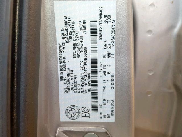 1FMCU0F71FUB99286 - 2015 FORD ESCAPE S SILVER photo 10