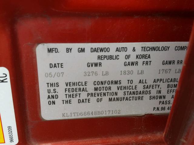 KL1TD66648B017102 - 2008 CHEVROLET AVEO BASE Qırmızı foto 10