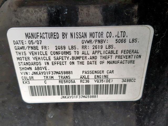 JNKAY01F37M459881 - 2007 INFINITI M35 BASE BLACK photo 10