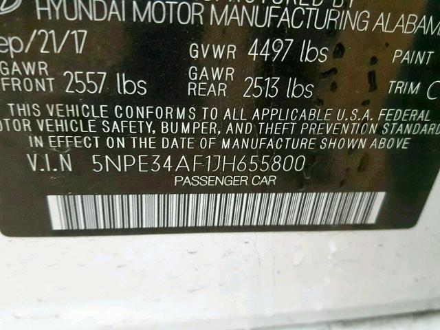 5NPE34AF1JH655800 - 2018 HYUNDAI SONATA SPO WHITE photo 10