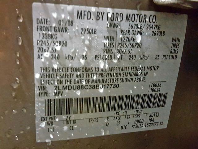 2LMDU88C38BJ17780 - 2008 LINCOLN MKX GRAY photo 10