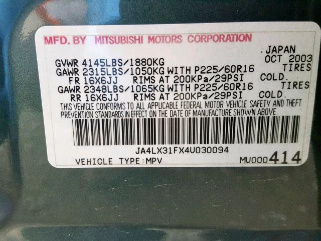 JA4LX31FX4U030094 - 2004 MITSUBISHI OUTLANDER GREEN photo 10