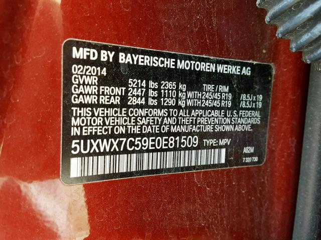 5UXWX7C59E0E81509 - 2014 BMW X3 XDRIVE3 RED photo 10