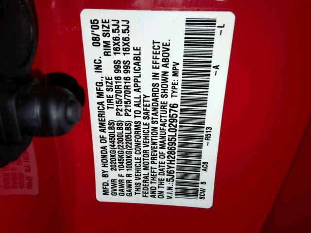 5J6YH28695L029576 - 2005 HONDA ELEMENT EX RED photo 10