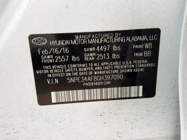 5NPE34AF8GH397090 - 2016 HYUNDAI SONATA SPO WHITE photo 10