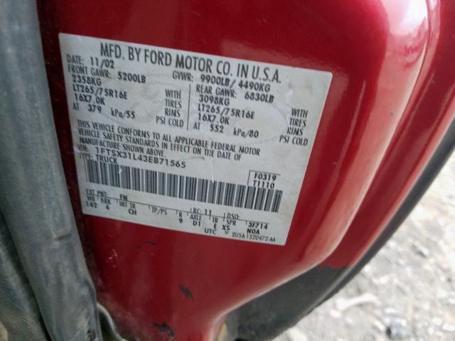 1FTSX31L43EB71565 - 2003 FORD F350 SRW S RED photo 10