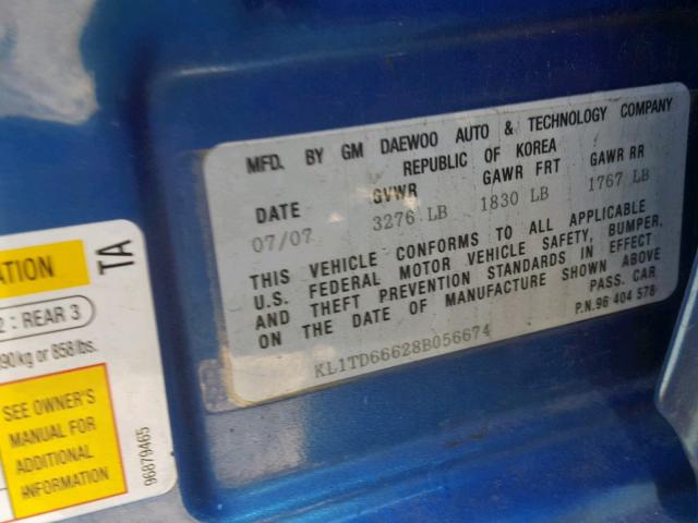 KL1TD66628B056674 - 2008 CHEVROLET AVEO BASE Көк фото 10