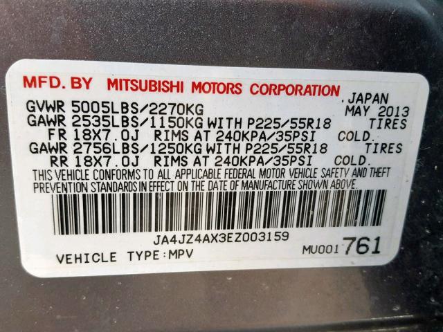 JA4JZ4AX3EZ003159 - 2014 MITSUBISHI OUTLANDER GRAY photo 10