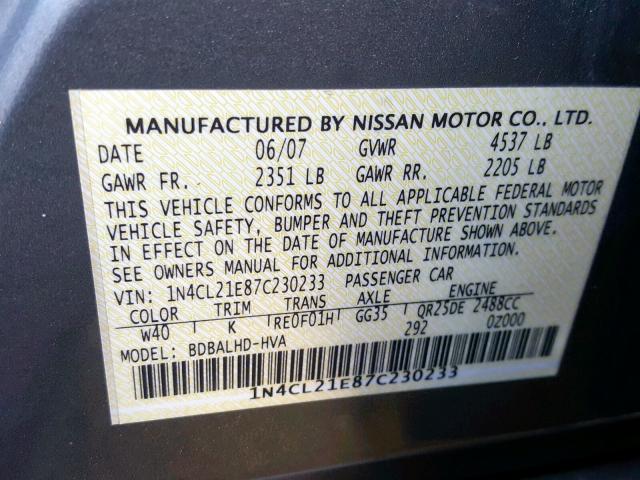 1N4CL21E87C230233 - 2007 NISSAN ALTIMA HYB GRAY photo 10