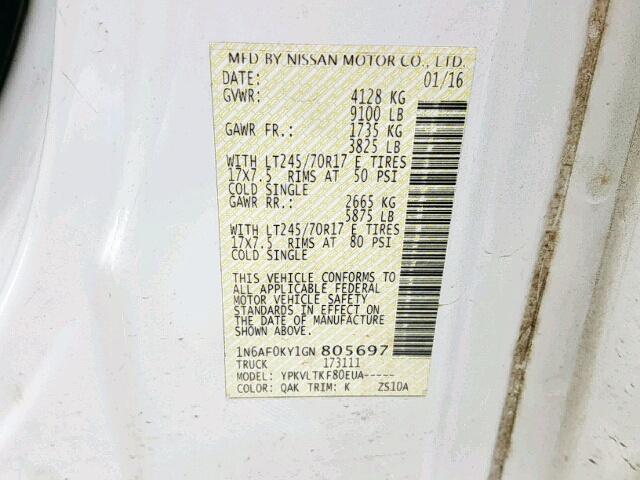 1N6AF0KY1GN805697 - 2016 NISSAN NV 2500 S WHITE photo 10