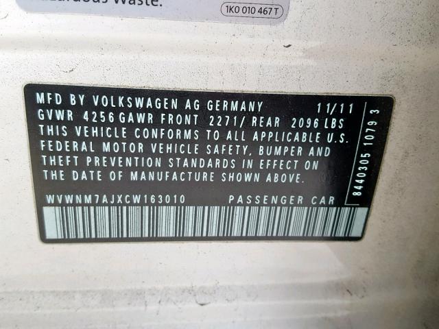 WVWNM7AJXCW163010 - 2012 VOLKSWAGEN GOLF 白色 照片 10