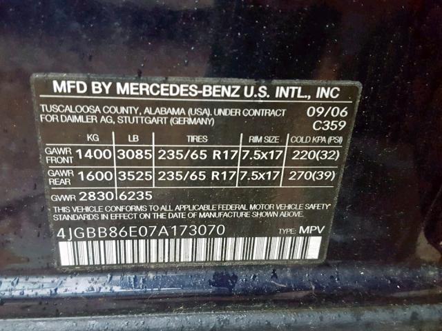 4JGBB86E07A173070 - 2007 MERCEDES-BENZ ML 350 BLUE photo 10