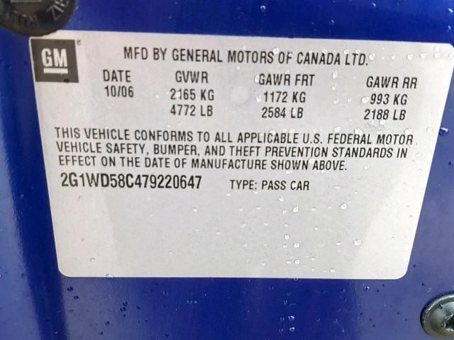 2G1WD58C479220647 - 2007 CHEVROLET IMPALA SUP ლურჯი ფოტო 10