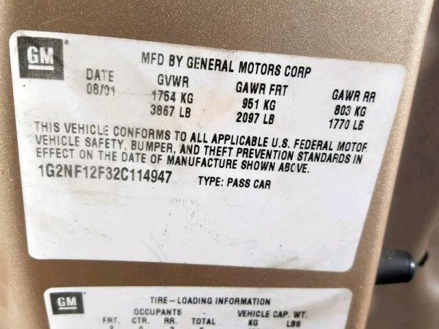 1G2NF12F32C114947 - 2002 PONTIAC GRAND AM S GOLD photo 10