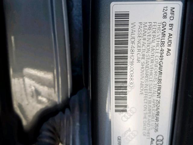 WAUDF48H29K008830 - 2009 AUDI A4 2.0T CA GRAY photo 10