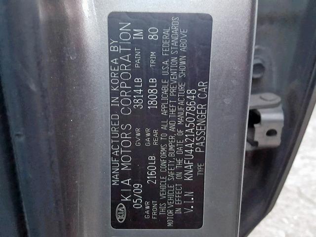 KNAFU4A21A5078648 - 2010 KIA FORTE EX GRAY photo 10