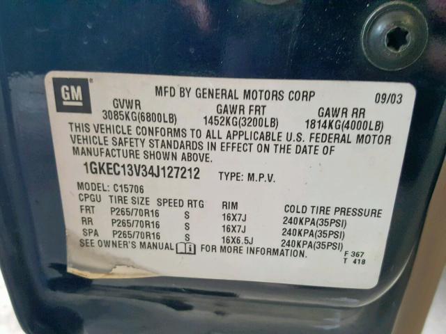 1GKEC13V34J127212 - 2004 GMC YUKON BLUE photo 10