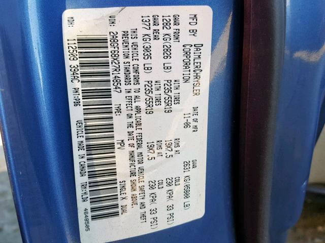 2A8GF68X27R148547 - 2007 CHRYSLER PACIFICA T BLUE photo 10