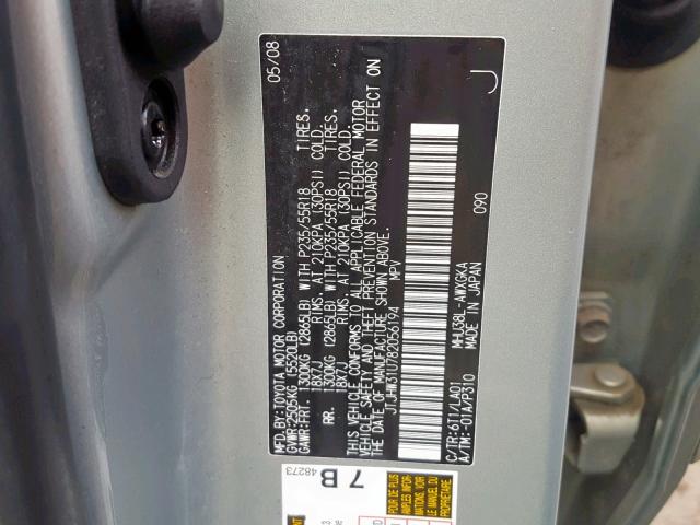 JTJHW31U782056194 - 2008 LEXUS RX 400H SILVER photo 10