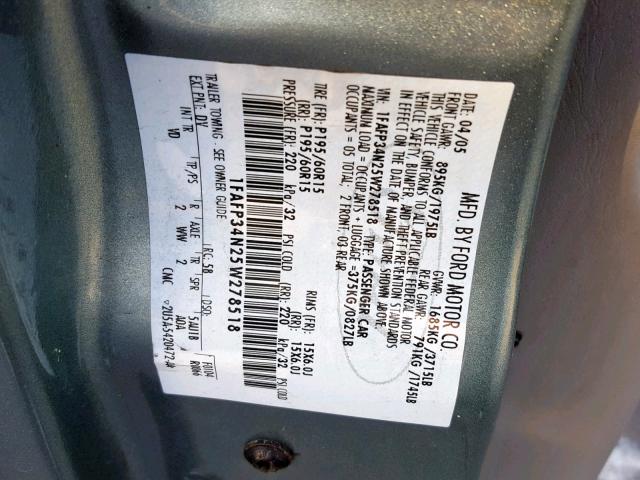 1FAFP34N25W278518 - 2005 FORD FOCUS ZX4 GREEN photo 10