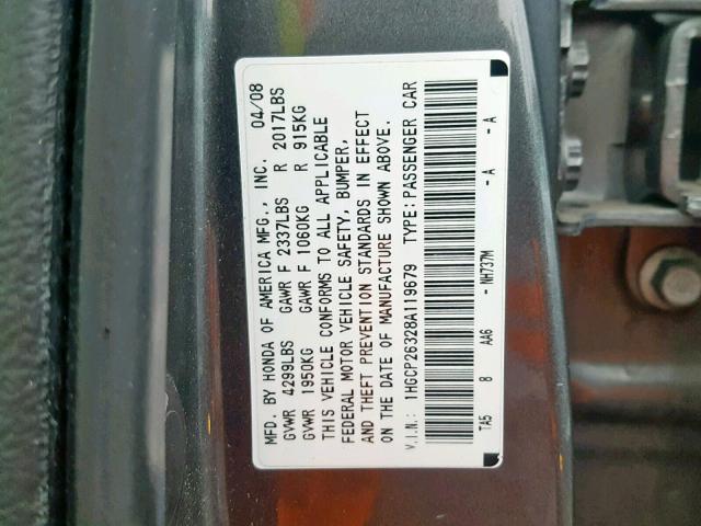 1HGCP26328A119679 - 2008 HONDA ACCORD LX GRAY photo 10