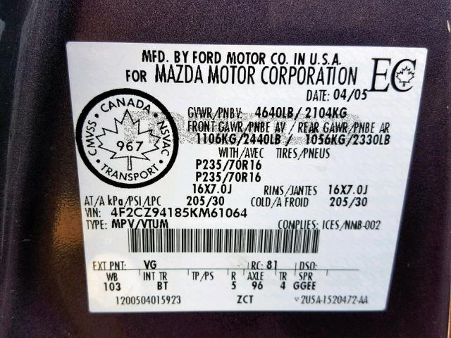 4F2CZ94185KM61064 - 2005 MAZDA TRIBUTE S GRAY photo 10