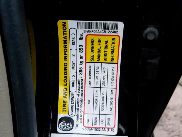 3FAHP0GA4CR122402 - 2012 FORD FUSION S BLACK photo 10