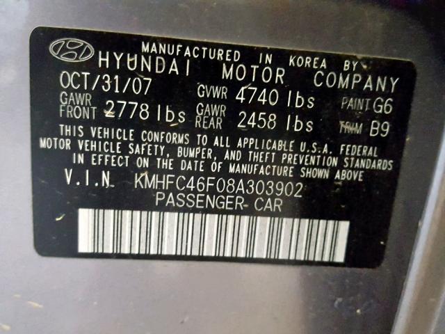 KMHFC46F08A303902 - 2008 HYUNDAI AZERA SE GRAY photo 10