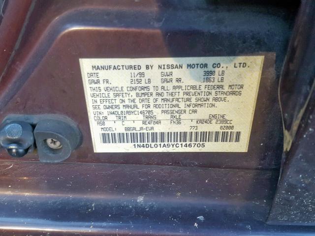 1N4DL01A9YC146705 - 2000 NISSAN ALTIMA XE MAROON photo 10