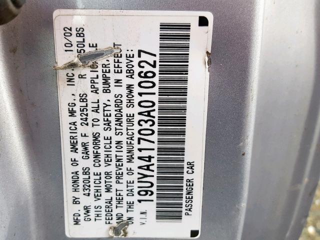 19UYA41703A010627 - 2003 ACURA 3.2CL TYPE SILVER photo 10