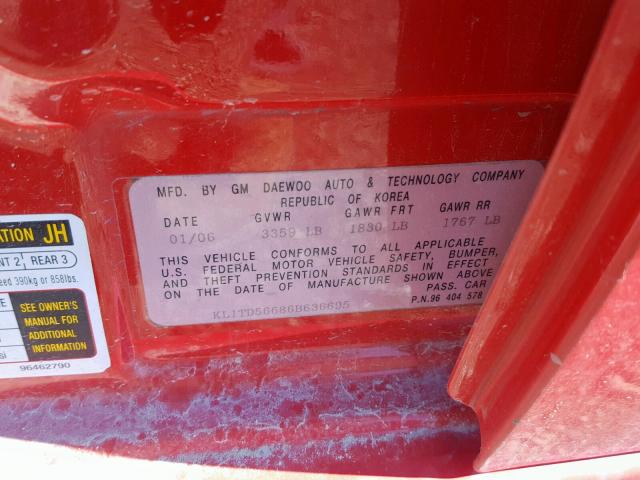 KL1TD56686B636695 - 2006 CHEVROLET AVEO BASE Qırmızı foto 10
