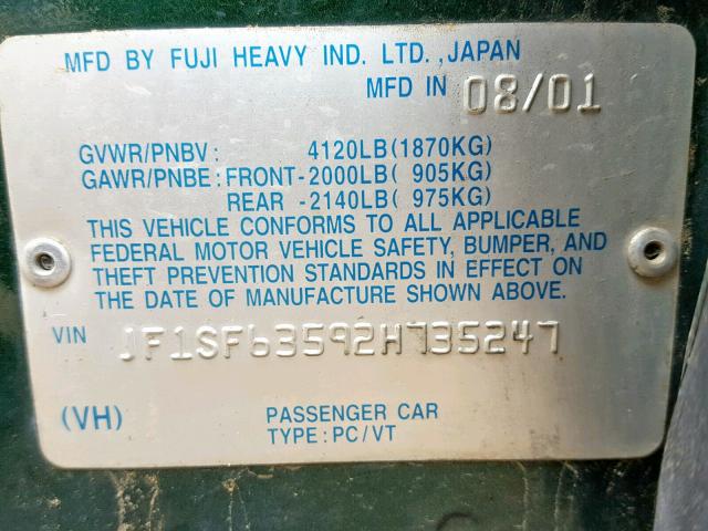 JF1SF63592H735247 - 2002 SUBARU FORESTER L GREEN photo 10