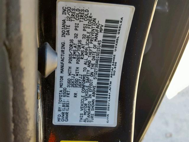 5TDZT38A61S015145 - 2001 TOYOTA SEQUOIA LI BLACK photo 10