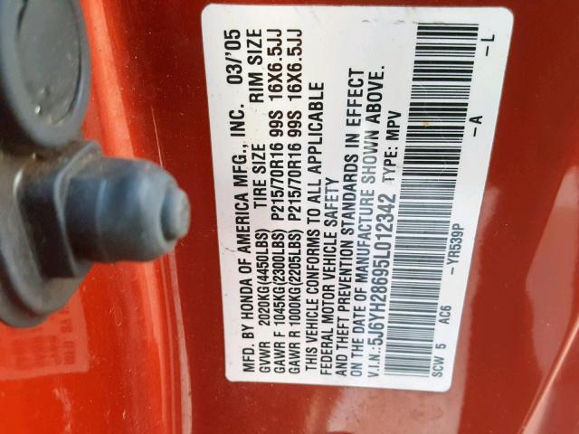 5J6YH28695L012342 - 2005 HONDA ELEMENT EX ORANGE photo 10