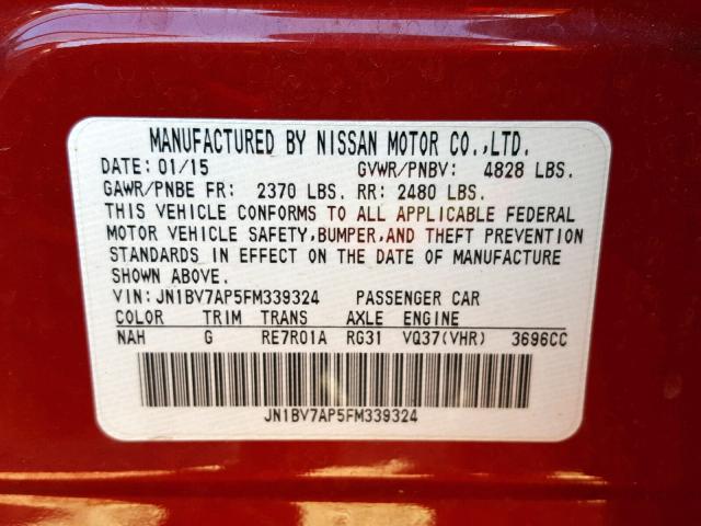 JN1BV7AP5FM339324 - 2015 INFINITI Q50 BASE RED photo 10